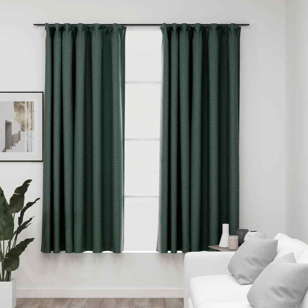 Berkfield Linen-Look Blackout Curtains with Hooks 2 pcs Green 140x175 cm