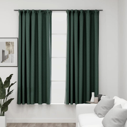 Berkfield Linen-Look Blackout Curtains with Hooks 2 pcs Green 140x175 cm