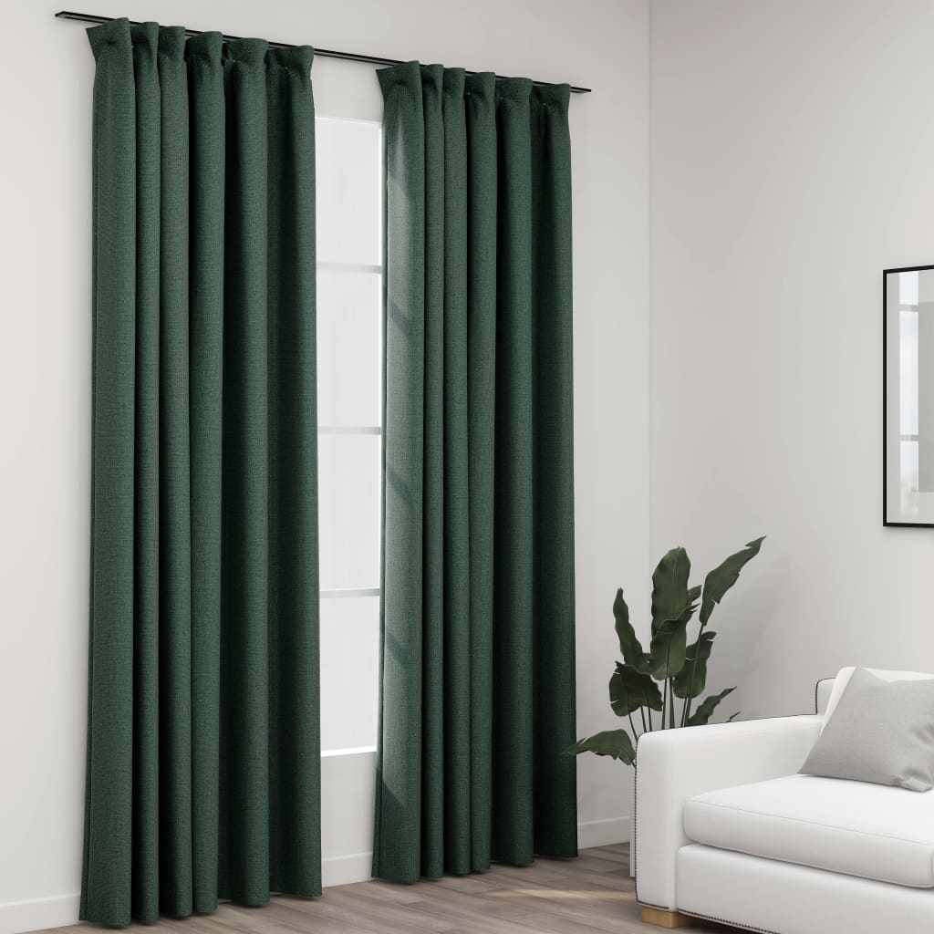 Berkfield Linen-Look Blackout Curtains with Hooks 2 pcs Green 140x245 cm