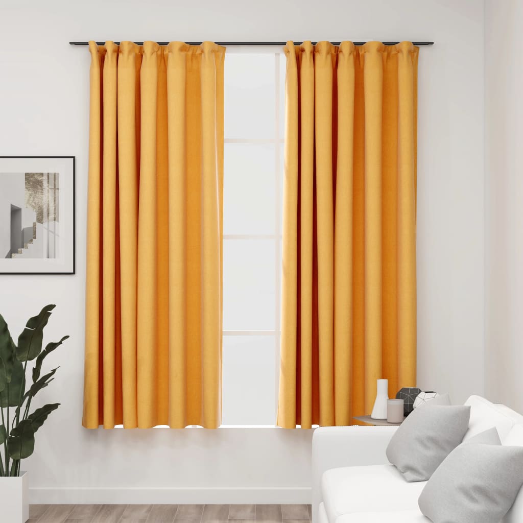Berkfield Linen-Look Blackout Curtains with Hooks 2 pcs Yellow 140x175 cm