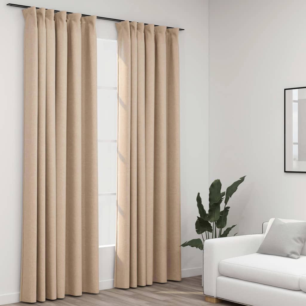 Berkfield Linen-Look Blackout Curtains with Hooks 2 pcs Beige 140x225 cm