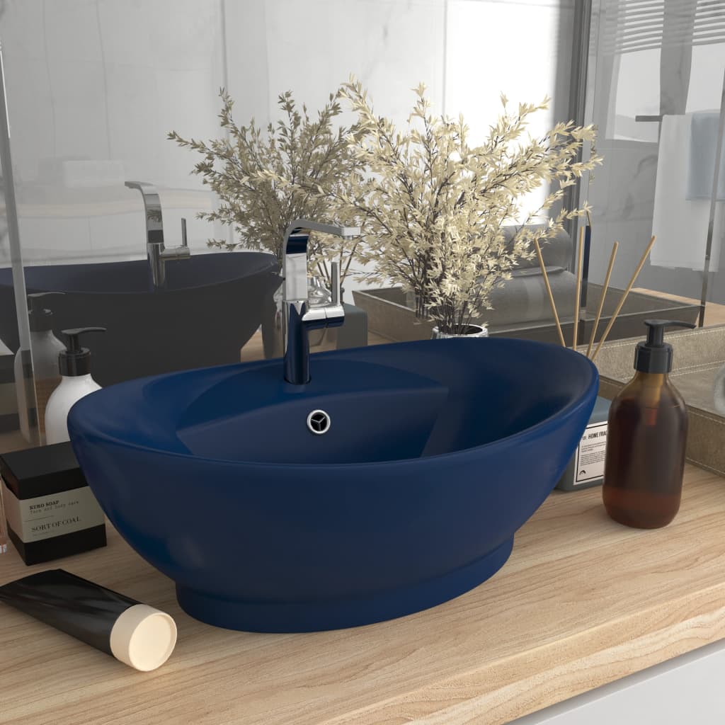 Berkfield Luxury Basin Overflow Oval Matt Dark Blue 58.5x39 cm Ceramic