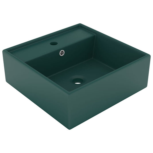 Berkfield Luxury Basin Overflow Square Matt Dark Green 41x41 cm Ceramic