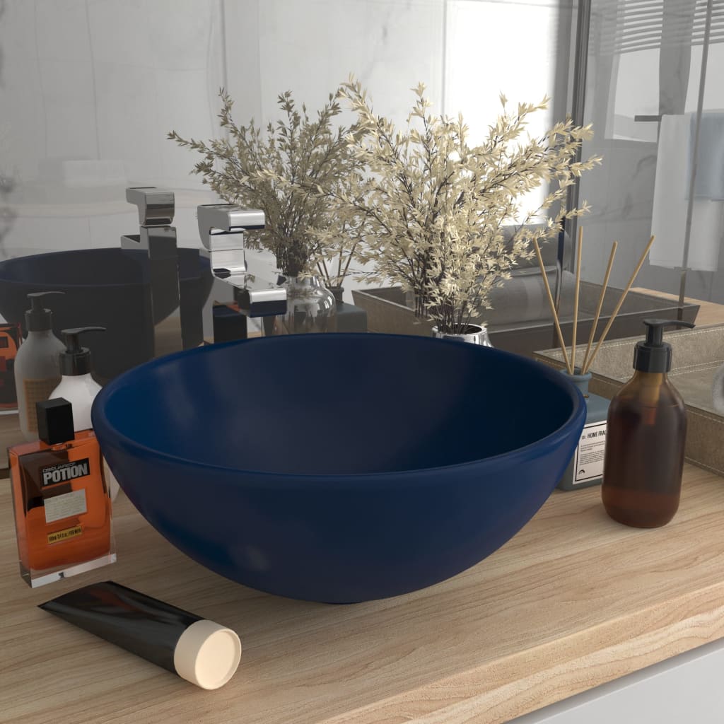 Berkfield Luxury Bathroom Basin Round Matt Dark Blue 32.5x14 cm Ceramic