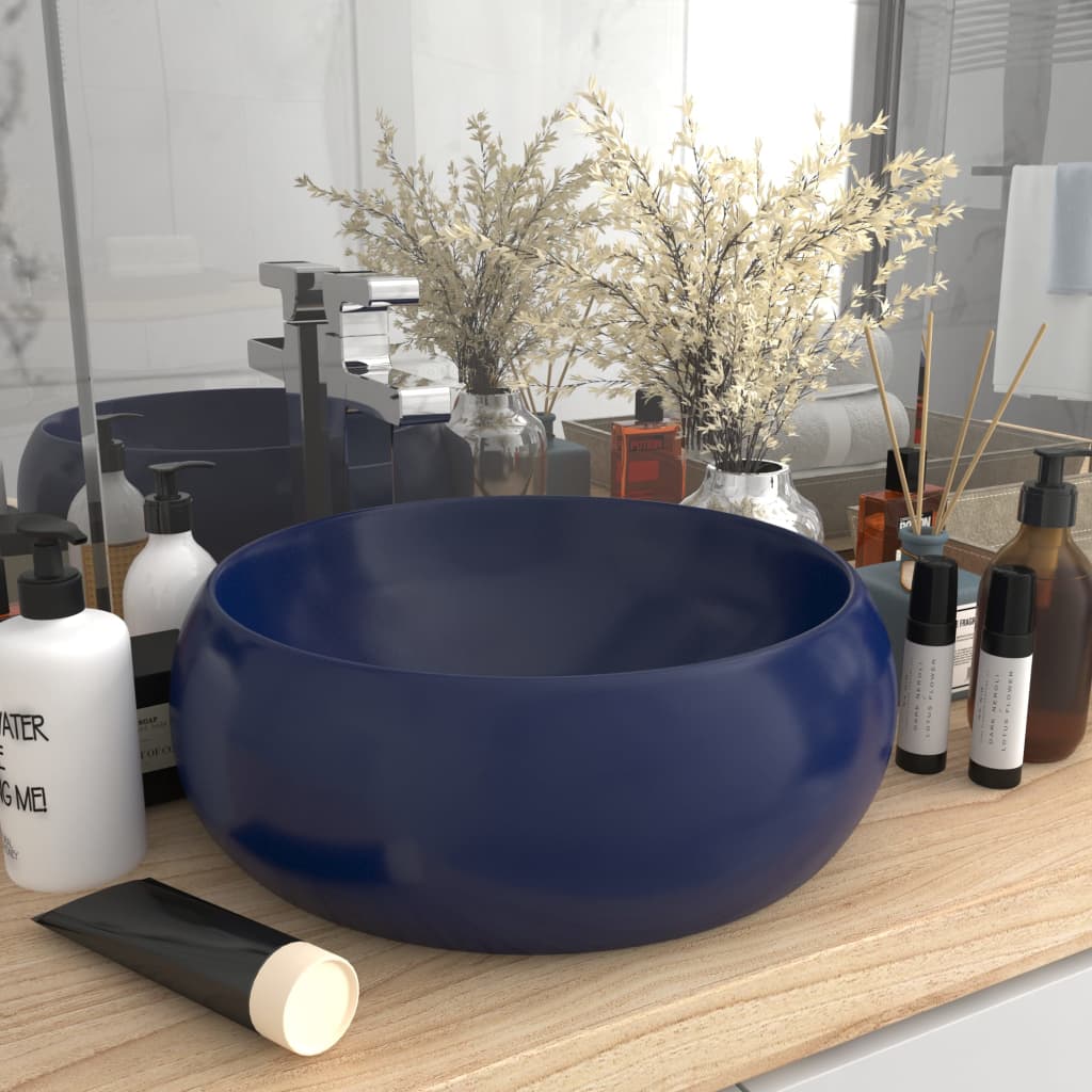 Berkfield Luxury Wash Basin Round Matt Dark Blue 40x15 cm Ceramic