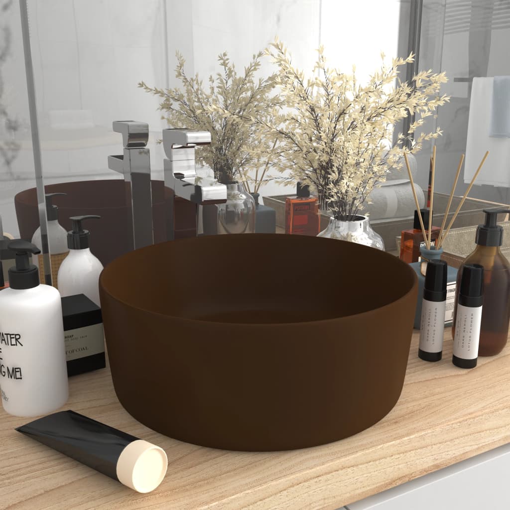 Berkfield Luxury Wash Basin Round Matt Dark Brown 40x15 cm Ceramic