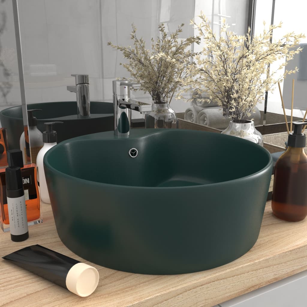Berkfield Luxury Wash Basin with Overflow Matt Dark Green 36x13 cm Ceramic