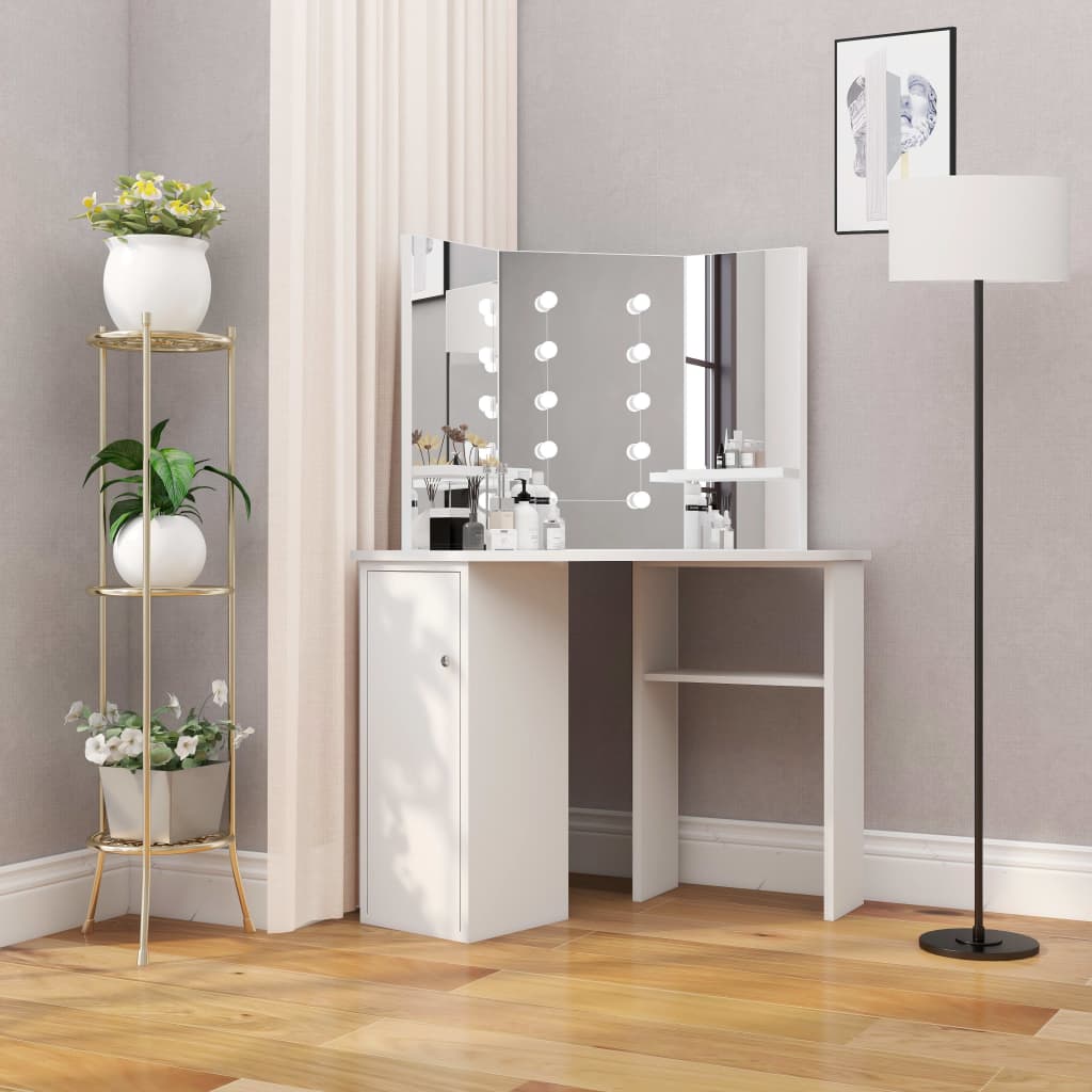Berkfield Corner Dressing Table Make-up Table with LED Light White