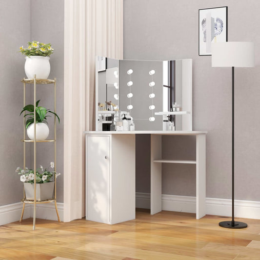 Berkfield Corner Dressing Table Make-up Table with LED Light White