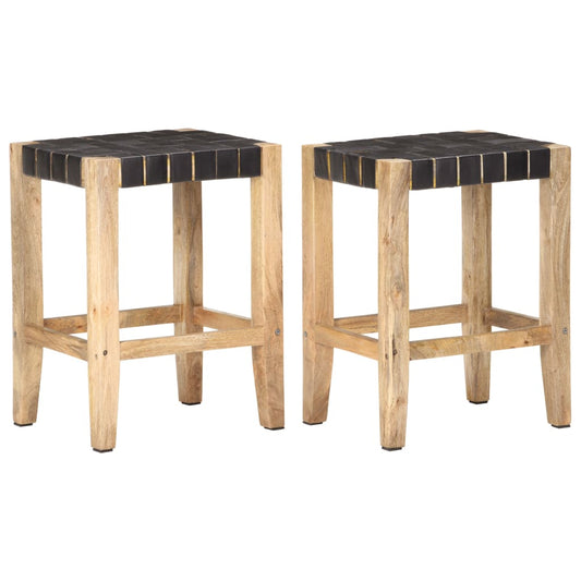 Berkfield Bar Stools 2 pcs Black Real Leather & Solid Mango Wood 46x36x60 cm