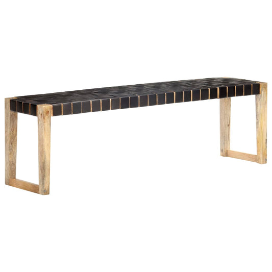 Berkfield Bench 150 cm Black Real Leather and Solid Mango Wood