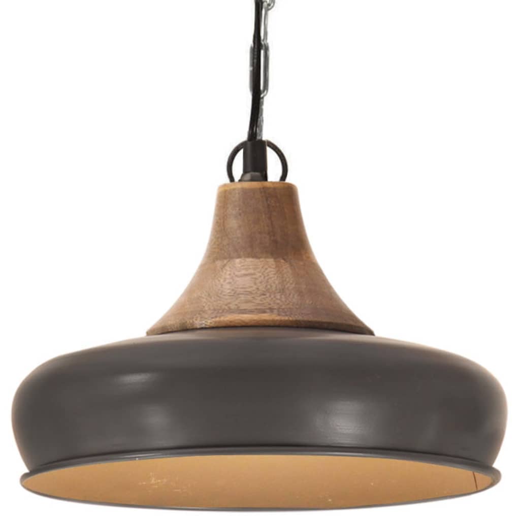 Berkfield Industrial Hanging Lamp Grey Iron & Solid Wood 26 cm E27