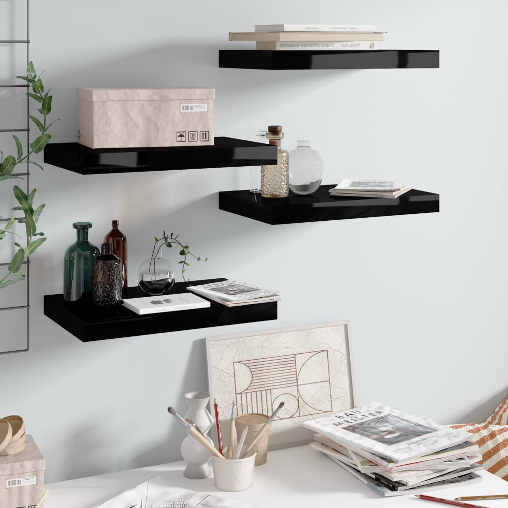 Berkfield Floating Wall Shelves 4 pcs High Gloss Black 40x23x3.8 cm MDF