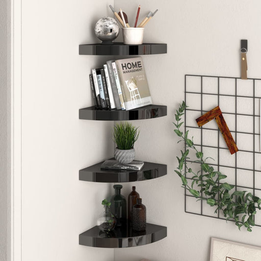 Berkfield Floating Corner Shelves 4 pcs High Gloss Black 25x25x3.8 cm MDF