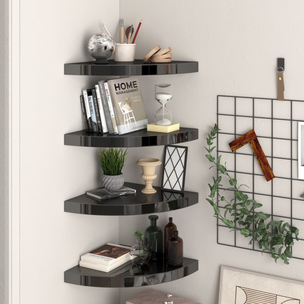 Berkfield Floating Corner Shelves 4 pcs High Gloss Black 35x35x3.8 cm MDF