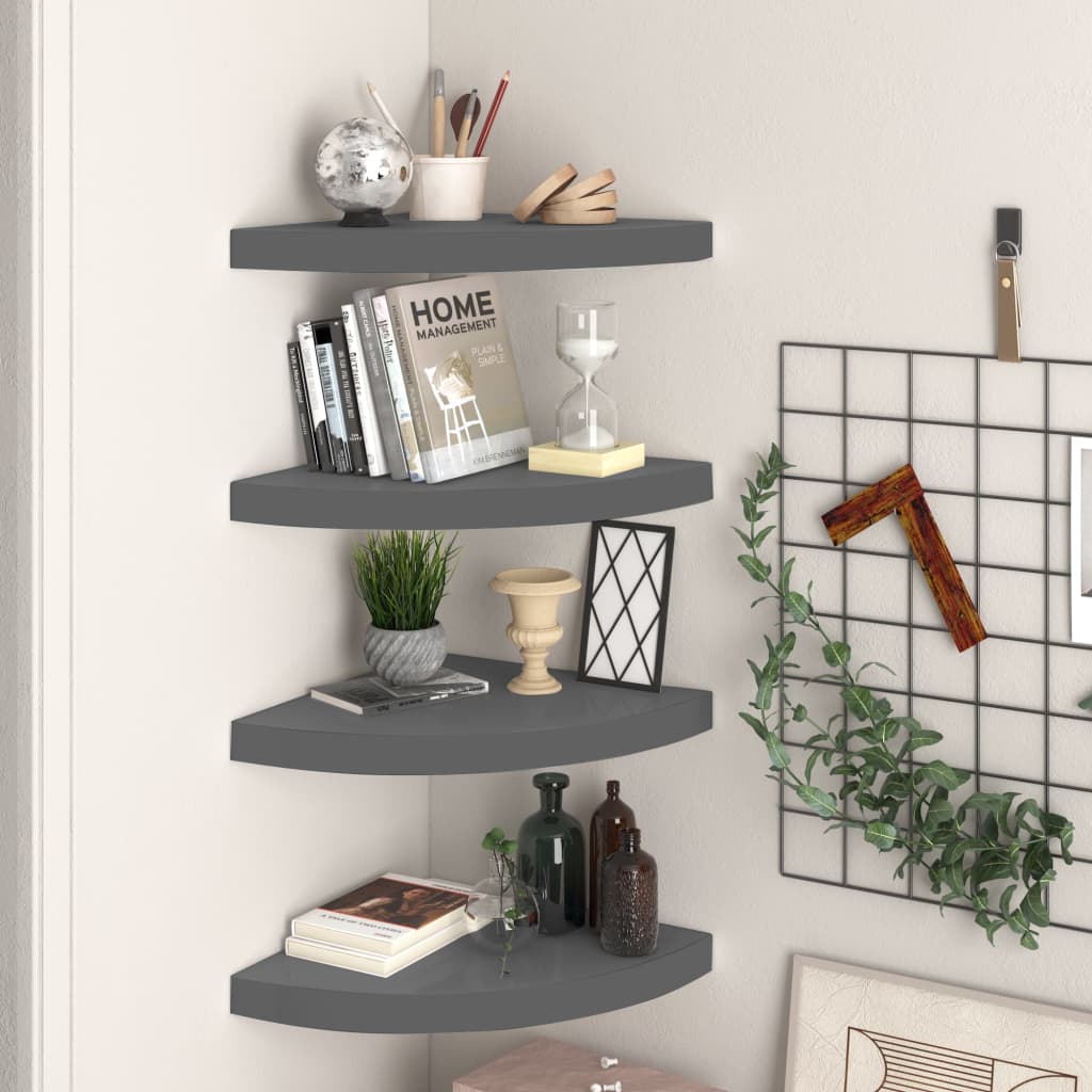 Berkfield Floating Corner Shelves 4 pcs High Gloss Grey 35x35x3.8 cm MDF