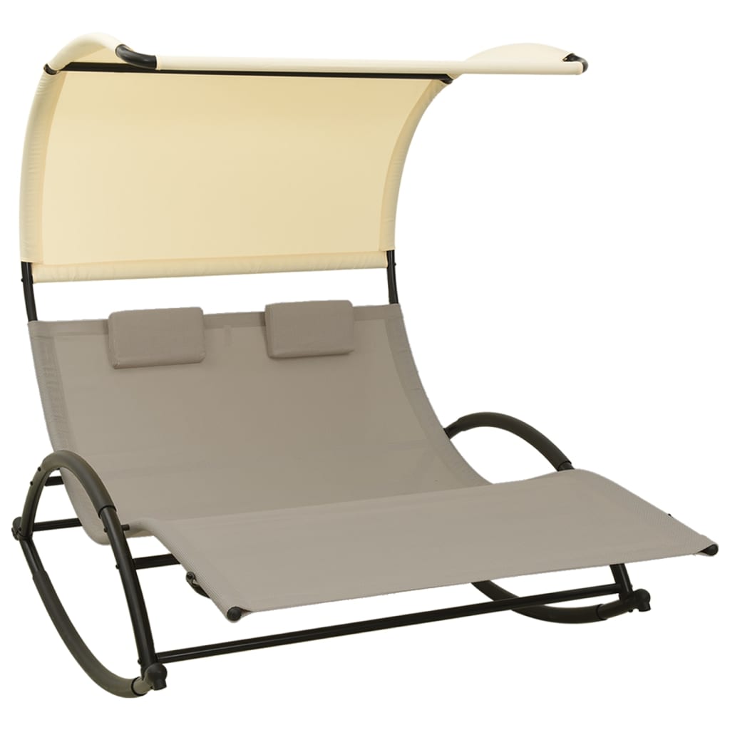 Berkfield Double Sun Lounger with Canopy Textilene Taupe and Cream