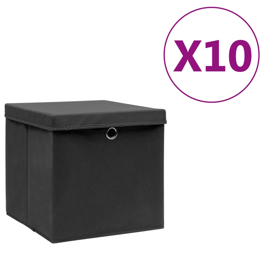 Berkfield Storage Boxes with Covers 10 pcs 28x28x28 cm Black