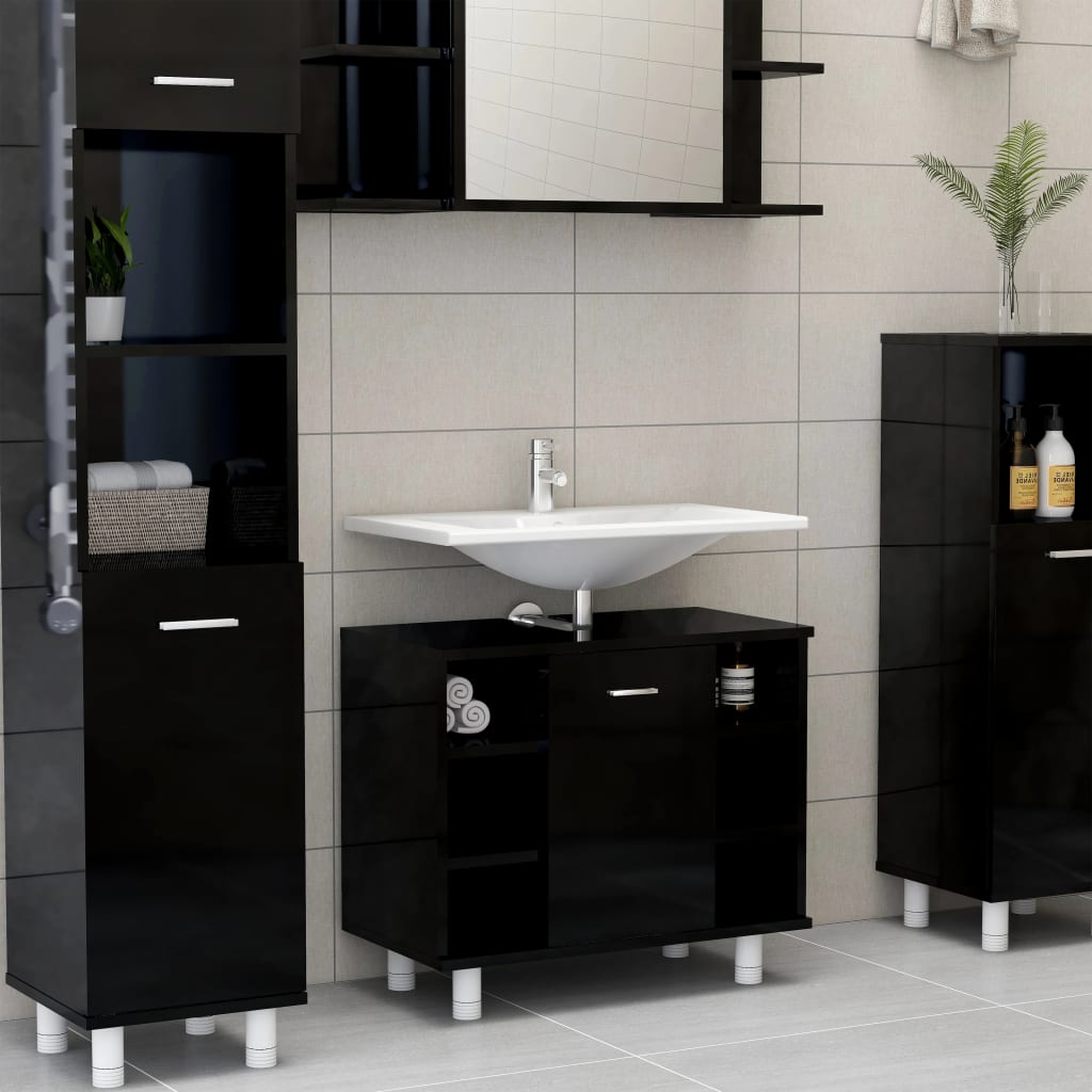 Berkfield Bathroom Cabinet High Gloss Black 60x32x53.5 cm Engineered Wood