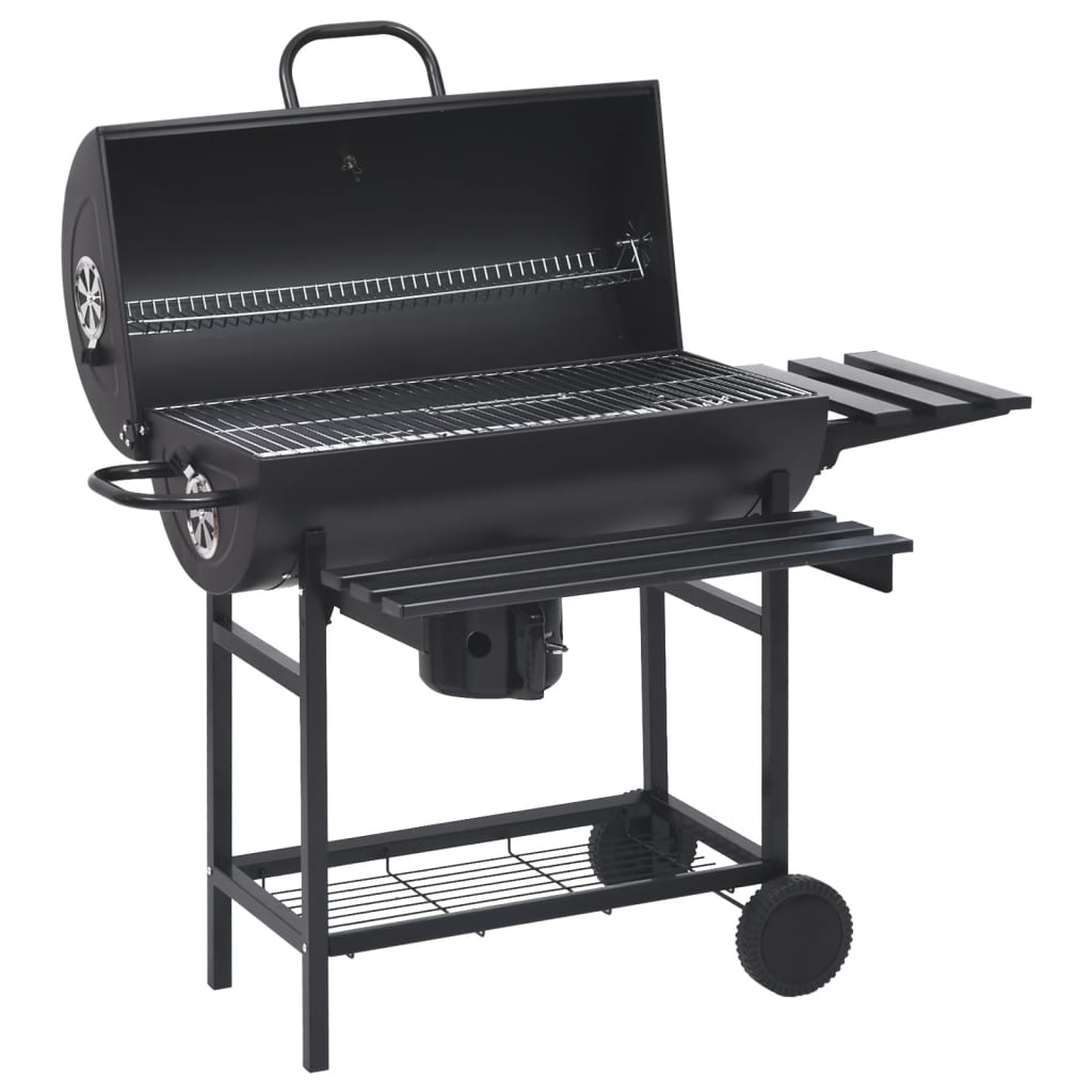 Berkfield Barrel Grill with Wheels and Shelves Black Steel 115x85x95 cm