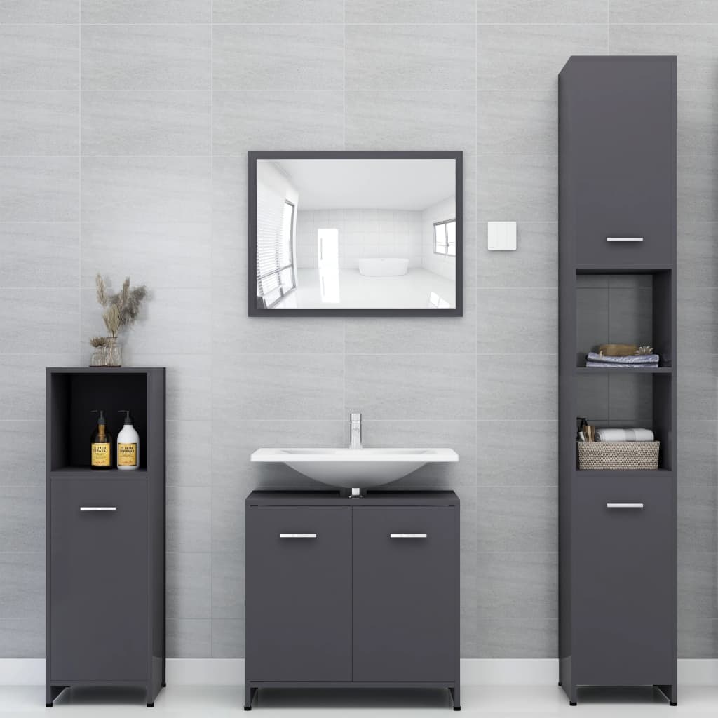 Berkfield 3 Piece Bathroom Furniture Set High Gloss Grey Engineered Wood