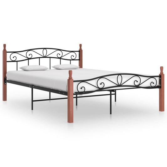 Berkfield Bed Frame Black Metal and Solid Oak Wood 140x200 cm