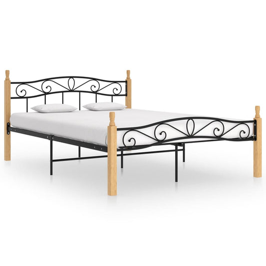 Berkfield Bed Frame Black Metal and Solid Oak Wood 160x200 cm