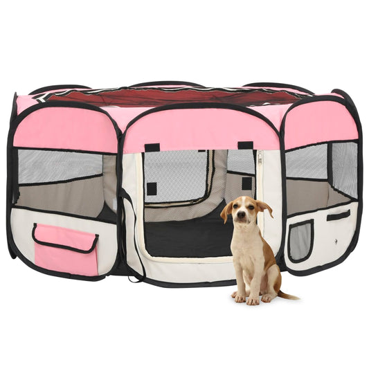 Berkfield Foldable Dog Playpen with Carrying Bag Pink 145x145x61 cm