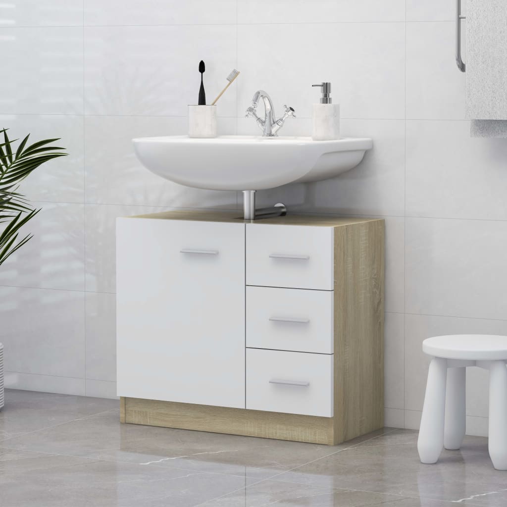 Berkfield Sink Cabinet White and Sonoma Oak 63x30x54 cm Engineered Wood