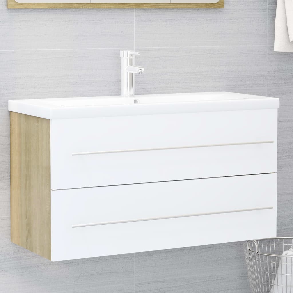 Berkfield Sink Cabinet White and Sonoma Oak 90x38.5x48 cm Engineered Wood