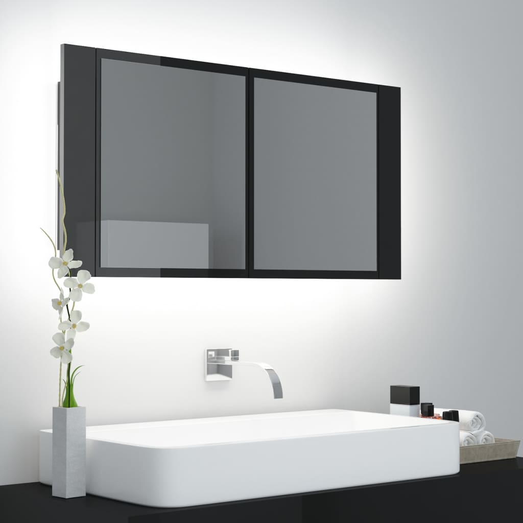 Berkfield LED Bathroom Mirror Cabinet High Gloss Black 90x12x45 cm Acrylic
