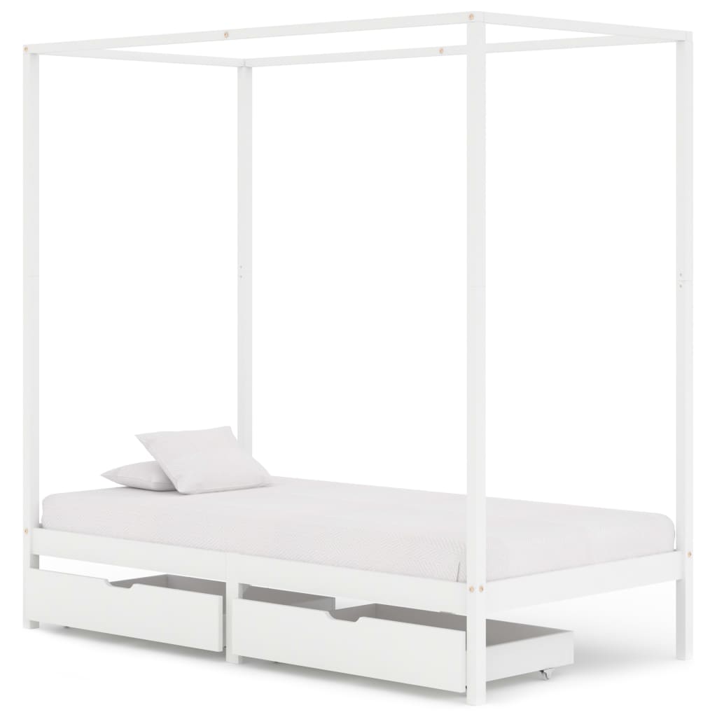 Berkfield Canopy Bed Frame with 2 Drawers White Solid Pine Wood 100x200cm