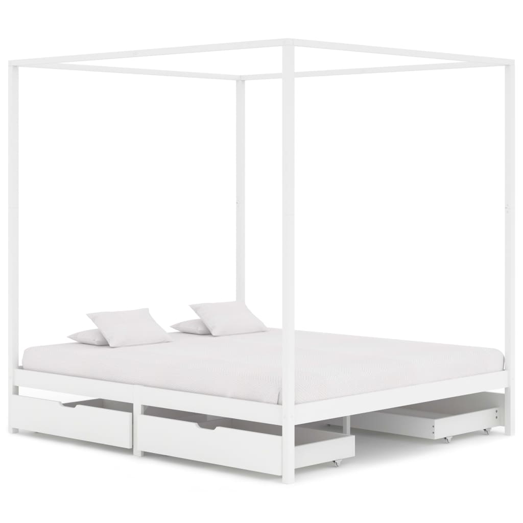 Berkfield Canopy Bed Frame with 4 Drawers White Solid Pine Wood 160x200cm