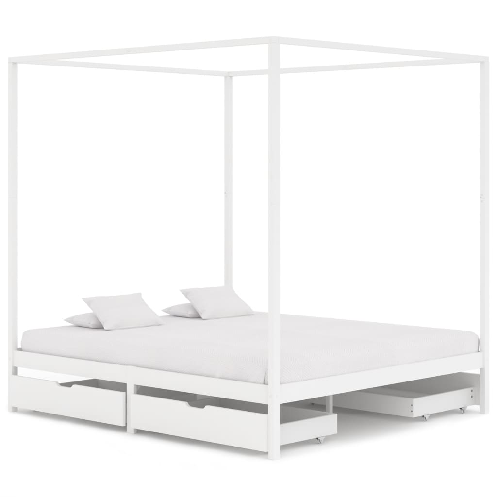 Berkfield Canopy Bed Frame with 4 Drawers White Solid Pine Wood 180x200cm 6FT Super King