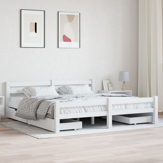 Berkfield Bed Frame with 4 Drawers White Solid Pinewood 180x200 cm 6FT Super King