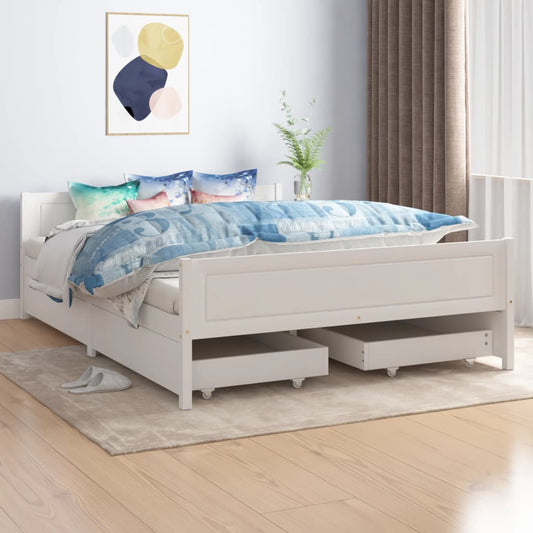 Berkfield Bed Frame with 4 Drawers White Solid Wood Pine 140x200 cm