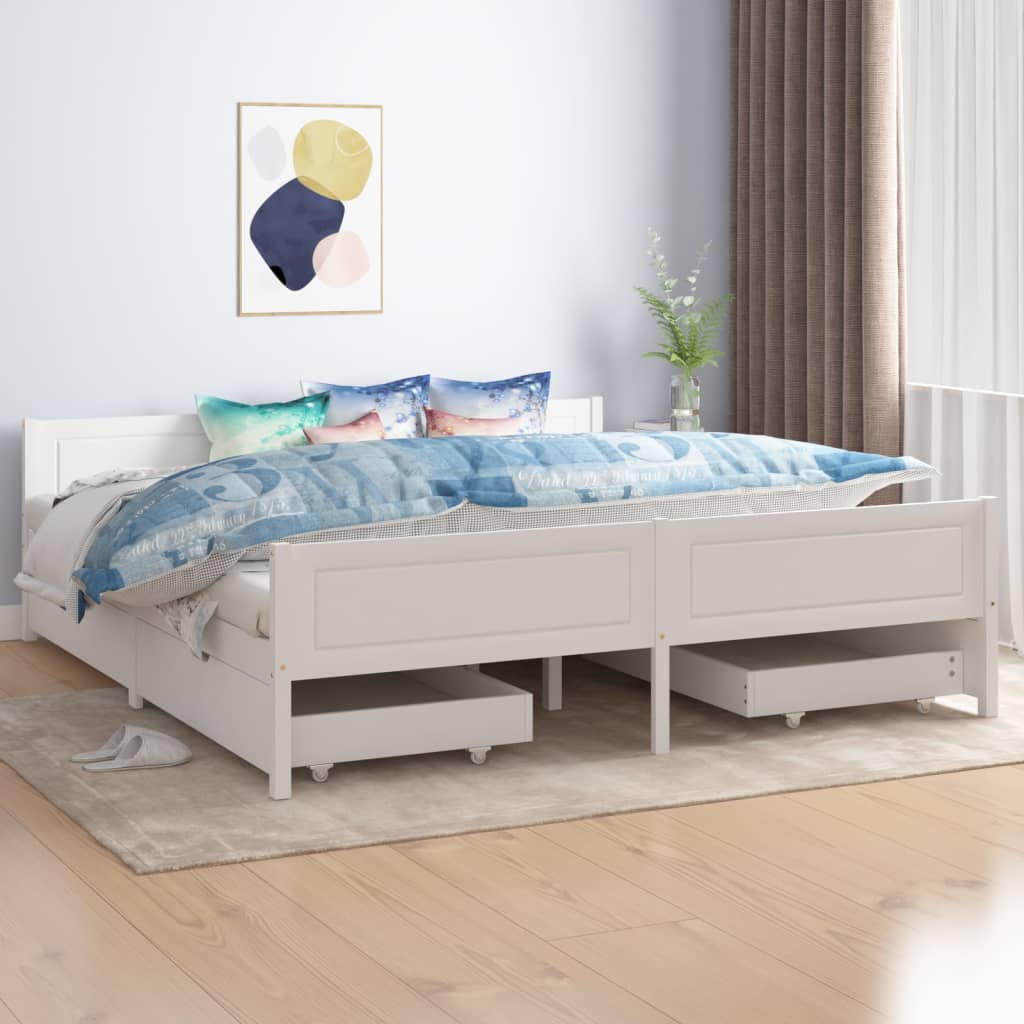 Berkfield Bed Frame with 4 Drawers White Solid Wood Pine 180x200 cm
