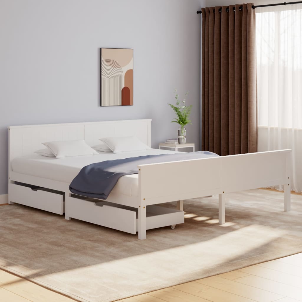 Berkfield Bed Frame with 2 Drawers White Solid Wood Pine 200x200 cm