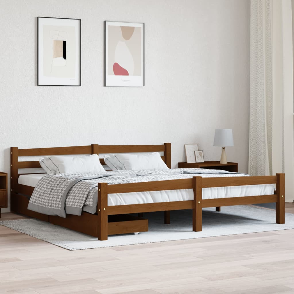 Berkfield Bed Frame with 2 Drawers Honey Brown Solid Pinewood 180x200 cm 6FT Super King