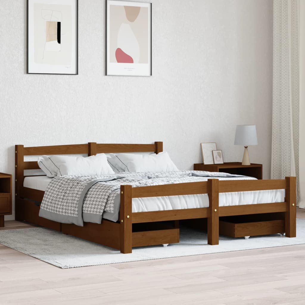 Berkfield Bed Frame with 4 Drawers Honey Brown Solid Pinewood 140x200 cm