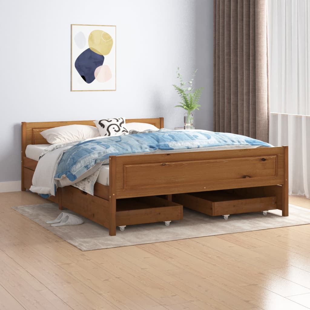 Berkfield Bed Frame with 4 Drawers Honey Brown Solid Wood Pine 140x200 cm