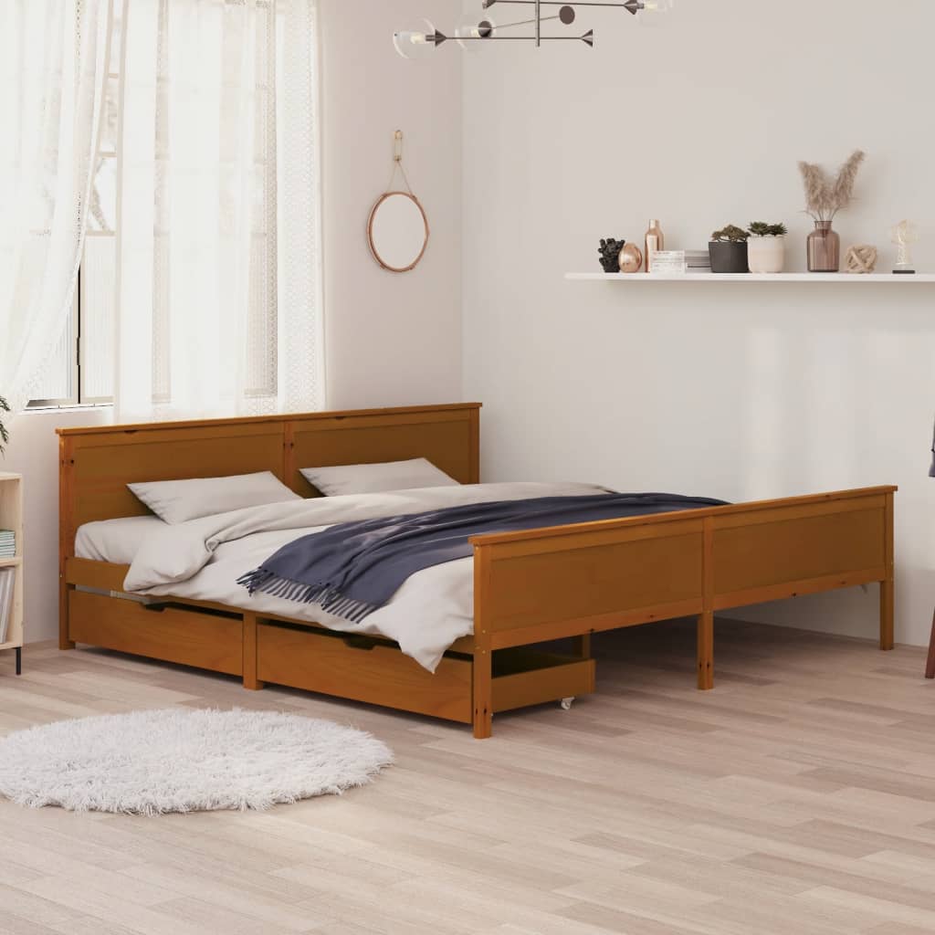 Berkfield Bed Frame with 2 Drawers Honey Brown Solid Wood Pine 200x200 cm