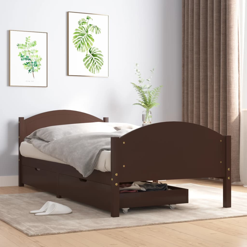 Berkfield Bed Frame with 2 Drawers Dark Brown 100x200 cm Solid Wood Pine