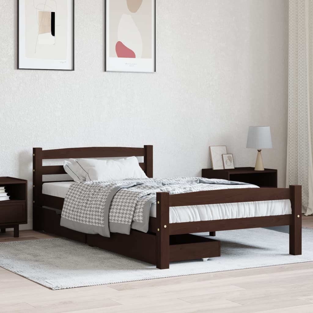 Berkfield Bed Frame with 2 Drawers Dark Brown Solid Pinewood 100x200 cm