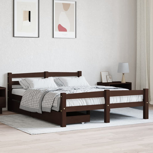 Berkfield Bed Frame with 2 Drawers Dark Brown Solid Pinewood 140x200 cm