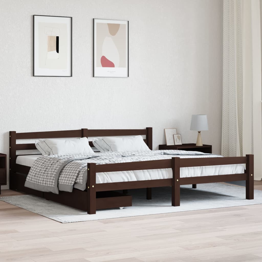 Berkfield Bed Frame with 2 Drawers Dark Brown Solid Pinewood 180x200 cm 6FT Super King