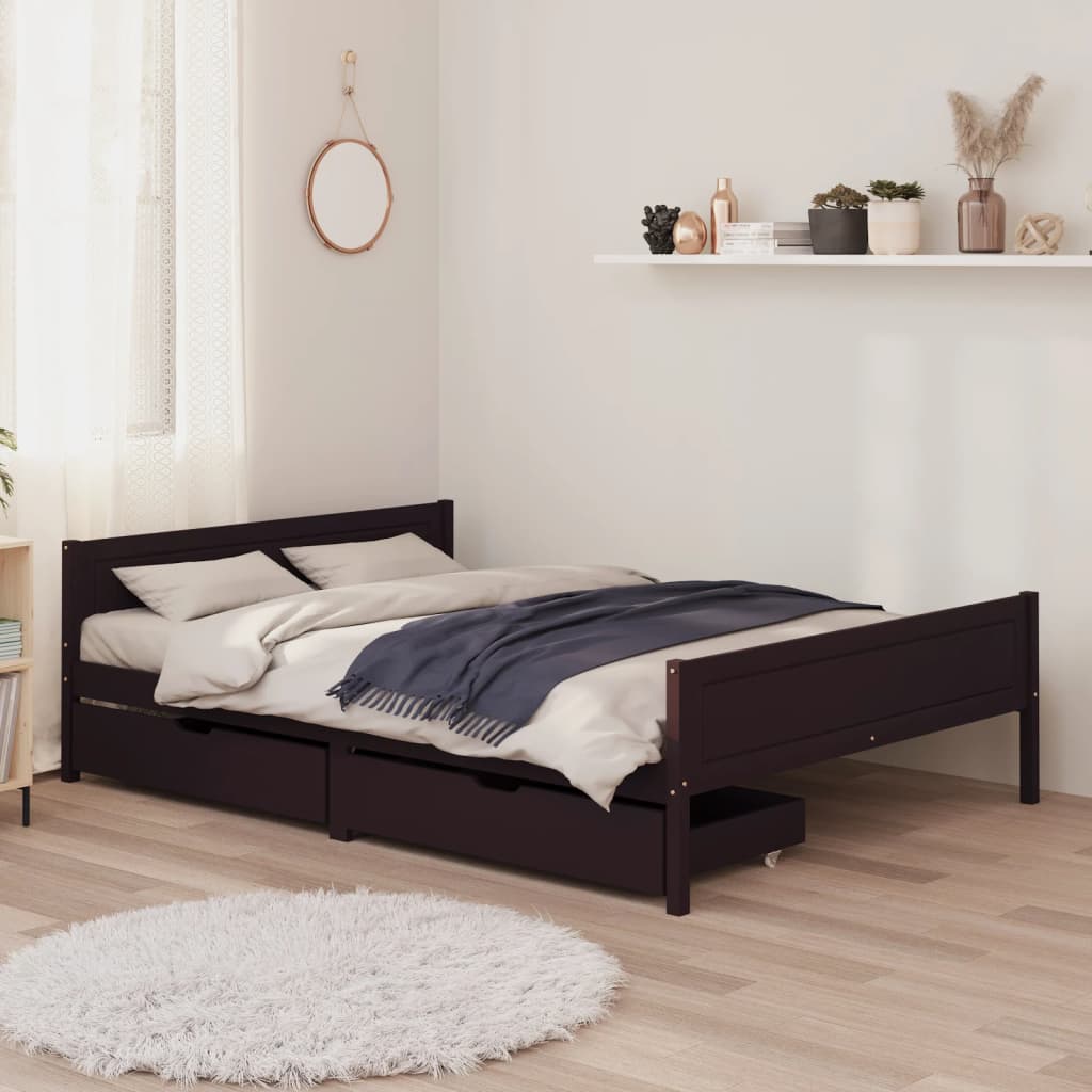 Berkfield Bed Frame with 2 Drawers Dark Brown 140x200 cm Solid Wood Pine