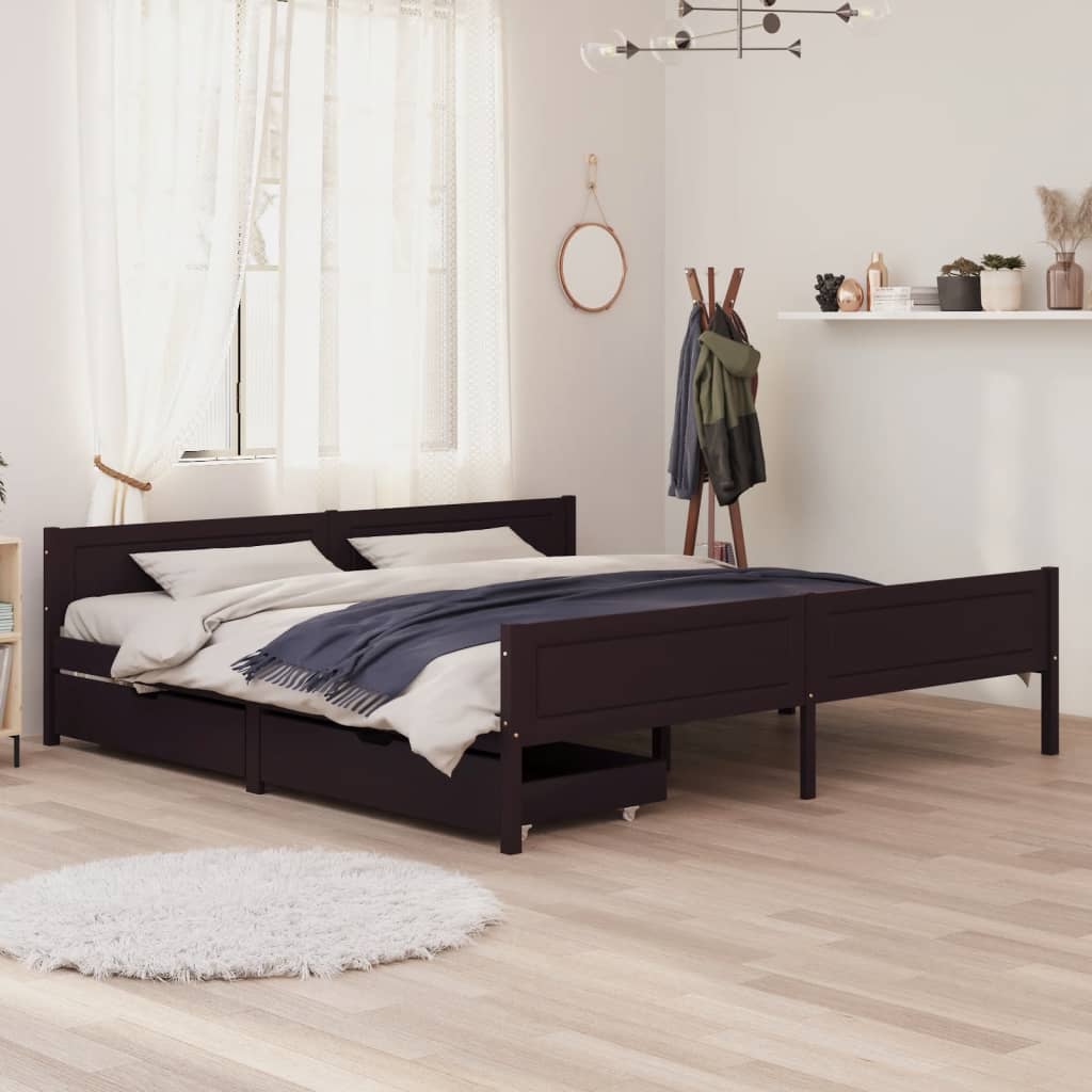 Berkfield Bed Frame with 2 Drawers Dark Brown 200x200 cm Solid Wood Pine