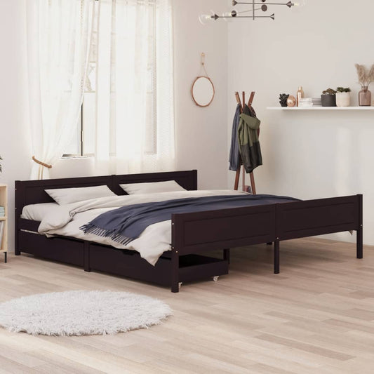 Berkfield Bed Frame with 2 Drawers Dark Brown 200x200 cm Solid Wood Pine