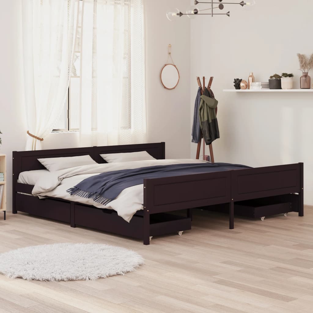 Berkfield Bed Frame with 4 Drawers Dark Brown 200x200 cm Solid Wood Pine